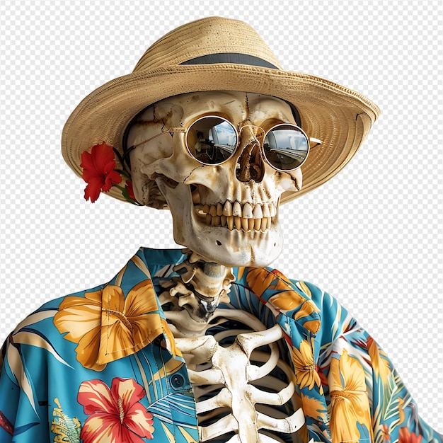 Skeleton wearing tropical shirt glasses and hat on isolated transparent background