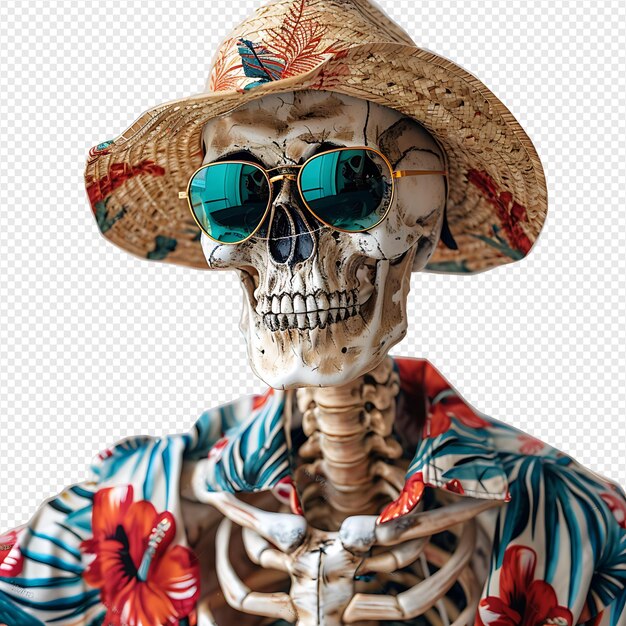 Skeleton wearing tropical shirt glasses and hat on isolated transparent background