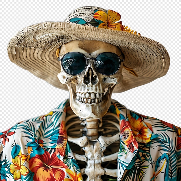 Skeleton wearing tropical shirt glasses and hat on isolated transparent background