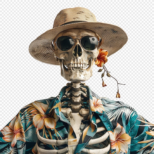 Skeleton wearing tropical shirt glasses and hat on isolated transparent background