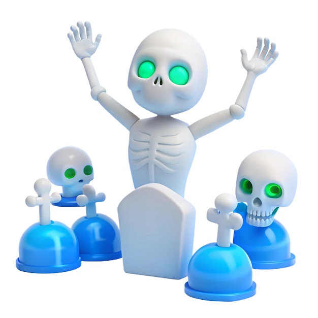 a skeleton with green eyes and a blue button with green eyes