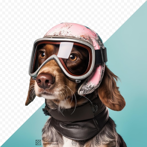 PSD a skiing dog wearing helmet and goggles against a transparent background