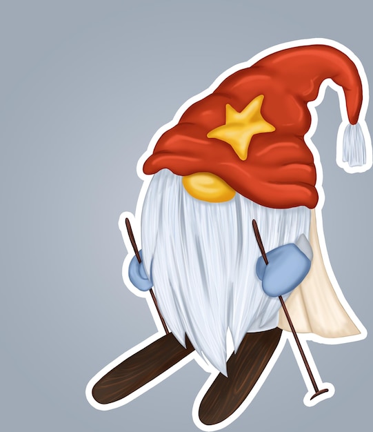 PSD skiing gnome sticker illustration for childrens design