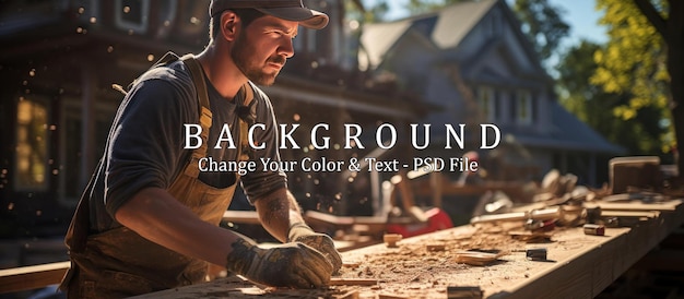 skilled construction worker wearing a tool belt against the backdrop of a house