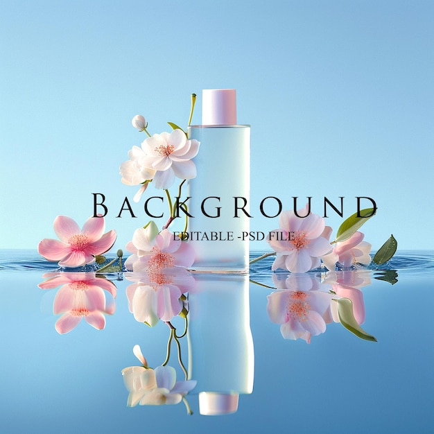 PSD skincare product flowers wood on sparkling water clean minimal dreamy background