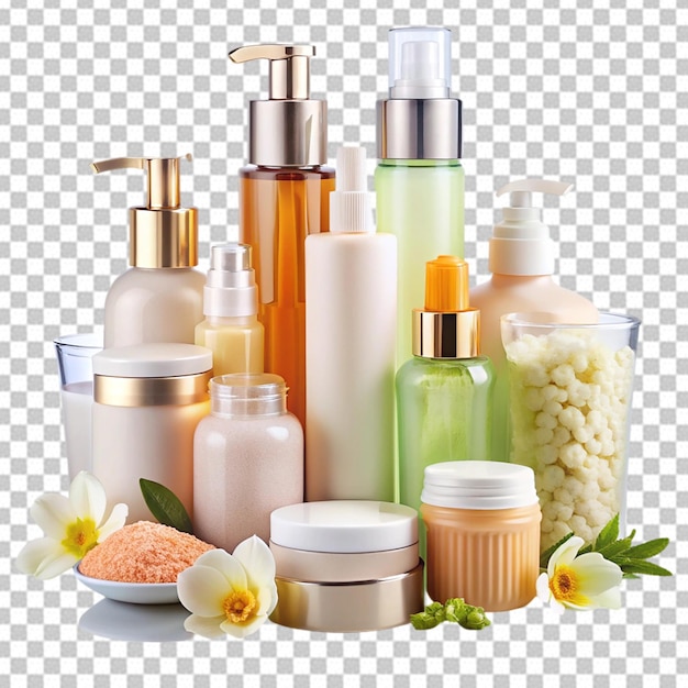 PSD skincare products arranged on transparent background