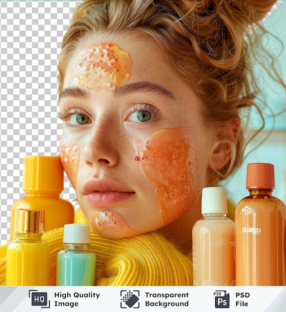 PSD skincare routine young woman with products orange and yellow bottles plastic bottle yellow sweater