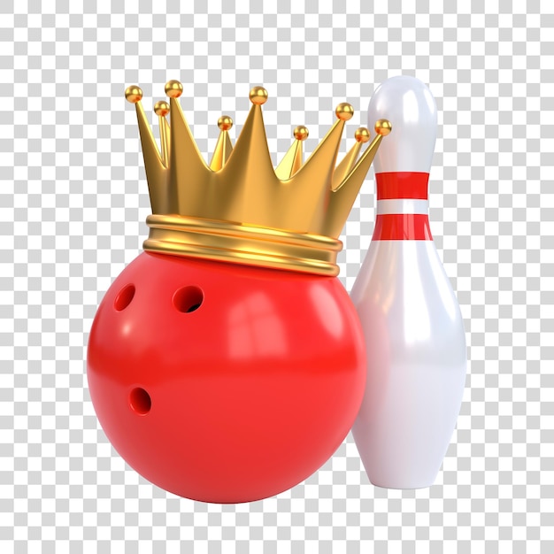 Skittles and red bowling ball crowned with a gold crown isolated on white background 3D render