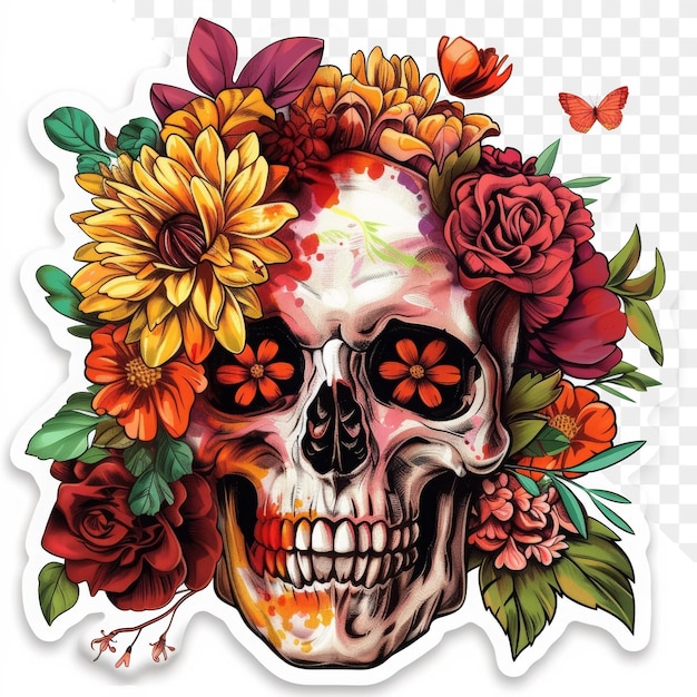 PSD a skull and flowers adorn a skull with butterflies