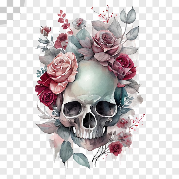 Skull and flowers on a transparent background