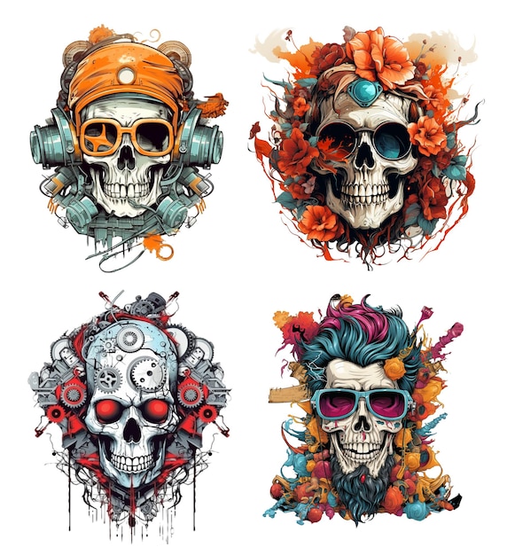 PSD skull head art design print sticker set