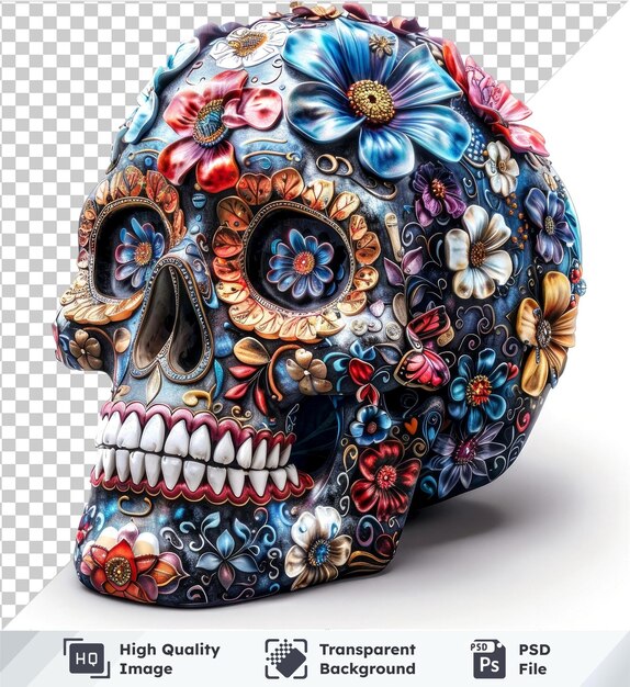 Skull painted with vibrant day of the dead sugar skull motifs set isolated on transparent