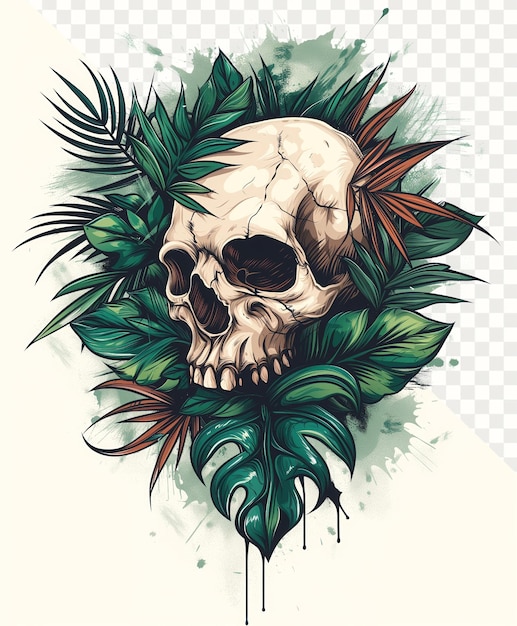 a skull and palm leaves are on a white background