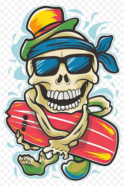 a skull wearing sunglasses and a hat with a blue band on it