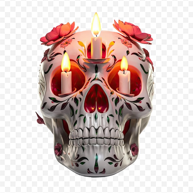 a skull with a candle on it and a skull with a red flower on it