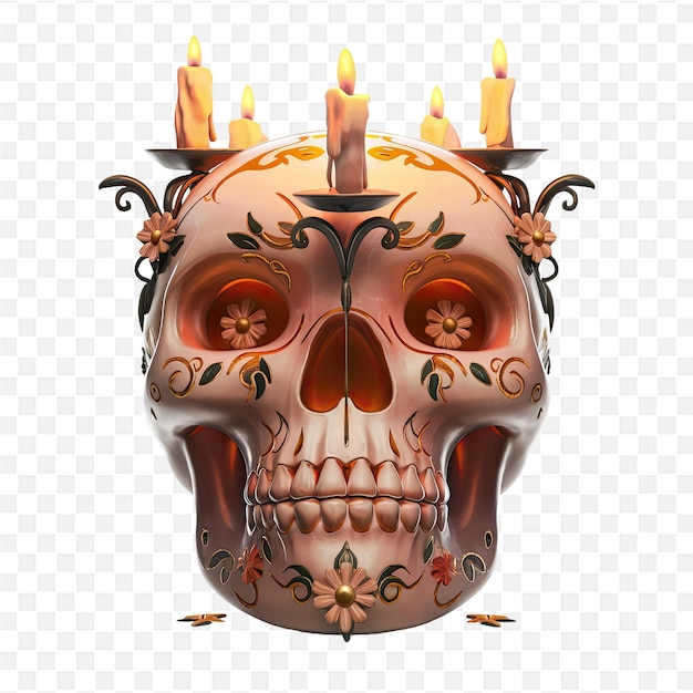 a skull with a crown and a candle on it