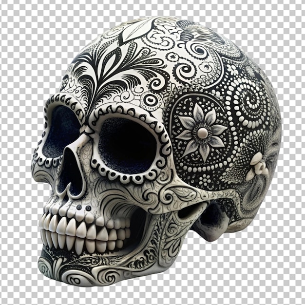 skull with filigree ornaments black and white on transparent background