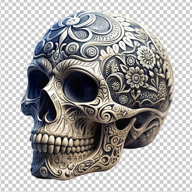 skull with filigree ornaments black and white on transparent background