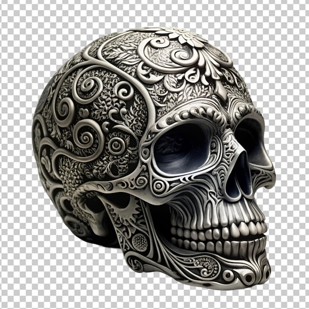 skull with filigree ornaments black and white on transparent background