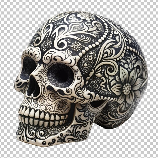 PSD skull with filigree ornaments black and white on transparent background