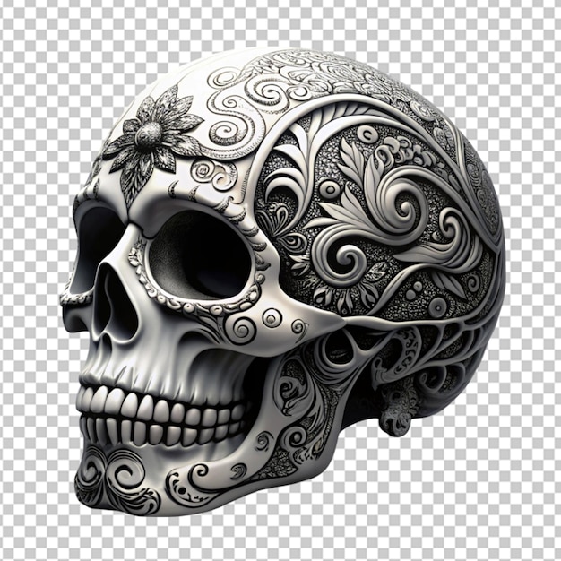 skull with filigree ornaments black and white on transparent background