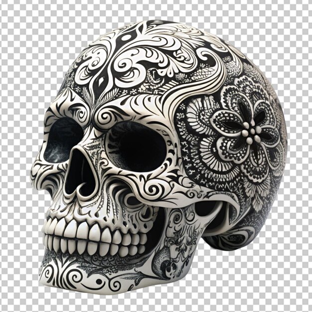 PSD skull with filigree ornaments black and white on transparent background