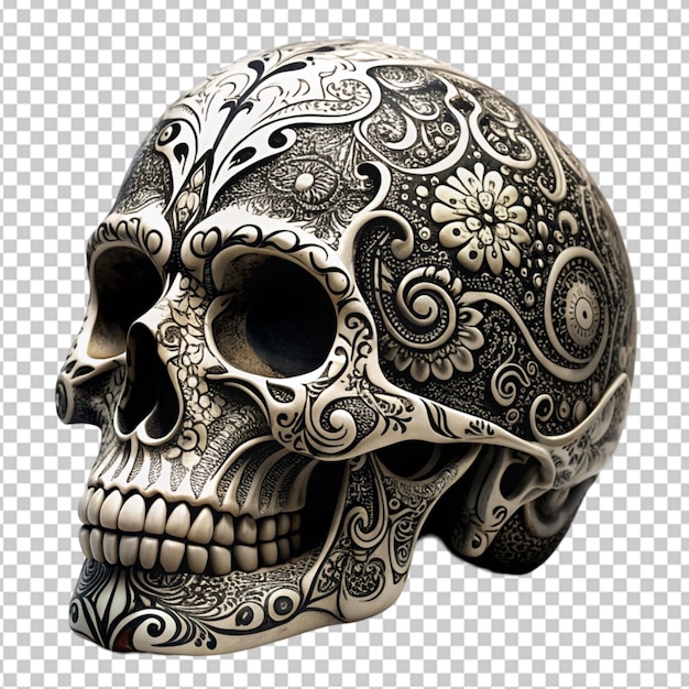 skull with filigree ornaments black and white on transparent background