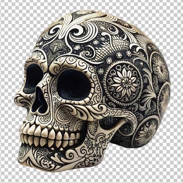 skull with filigree ornaments black and white on transparent background