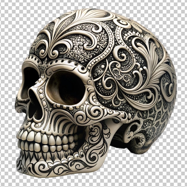 skull with filigree ornaments black and white on transparent background