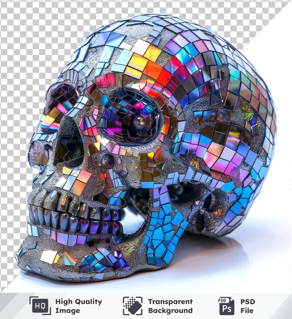 Skull with mirror mosaic reflecting multicolored lights on transparent background