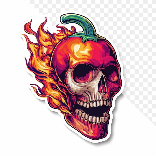 PSD a skull with a red and green feather on it and a skull with a red flames