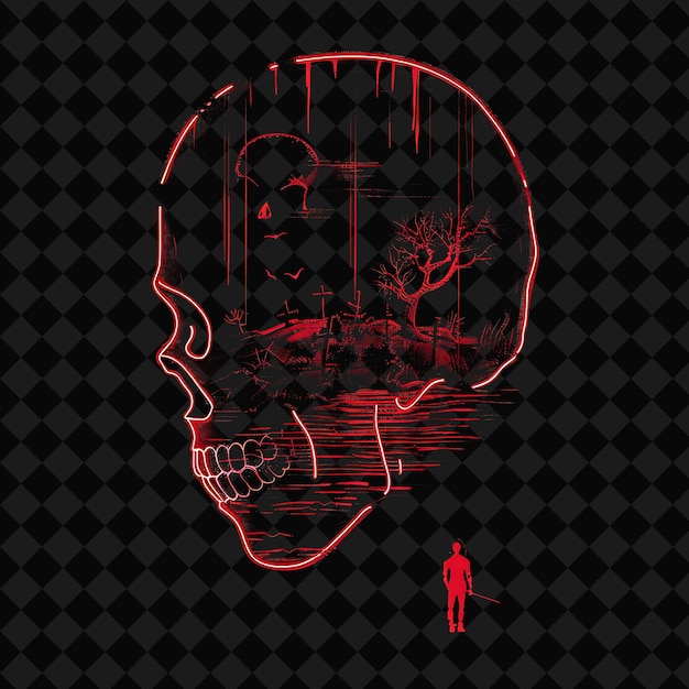 PSD a skull with a red light on it and a man in a red suit standing in front of a black background