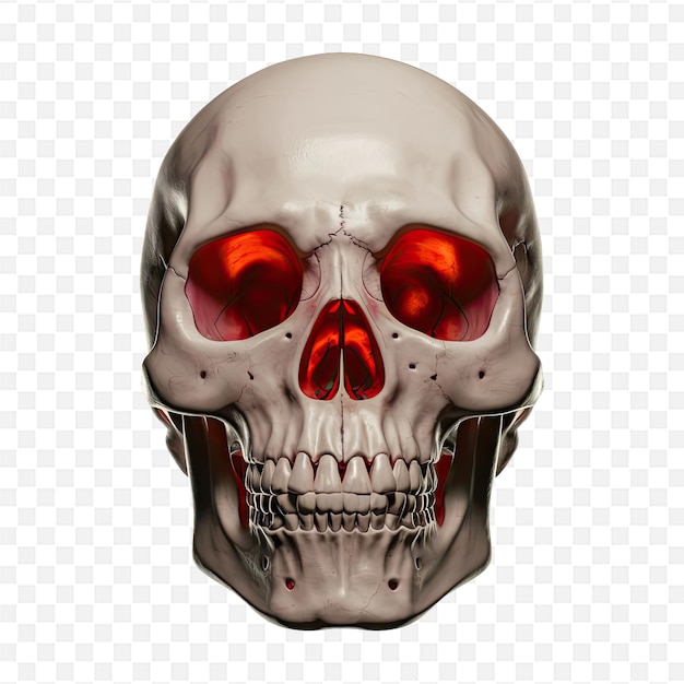 a skull with a red nose and a red bead on it