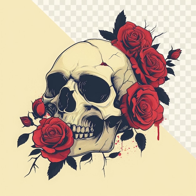 a skull with red roses on it and a skull on the top of it