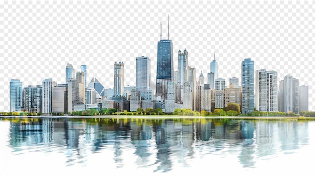 Skyscapers along the Chicago River city skyline isolated on transparent background