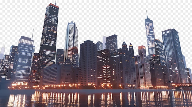 Skyscapers along the Chicago River city skyline isolated on transparent background