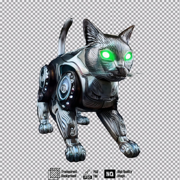 PSD a sleek metallic robot cat with glowing green eyes prowling through a futuristic city