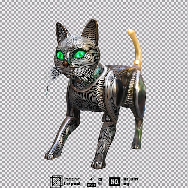 A sleek metallic robot cat with glowing green eyes prowling through a futuristic city