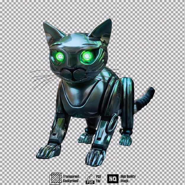 A sleek metallic robot cat with glowing green eyes prowling through a futuristic city