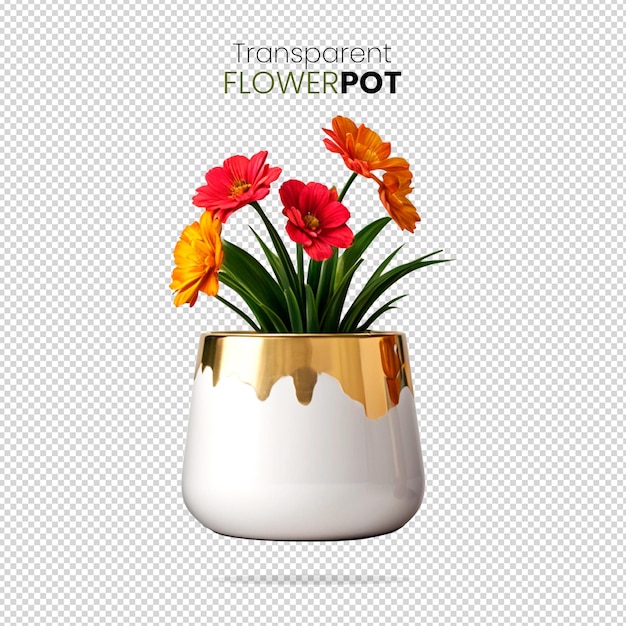 Sleek Transvaal daisy Flowerpot 3D Shiny Golden White Isolated on Transparent Background