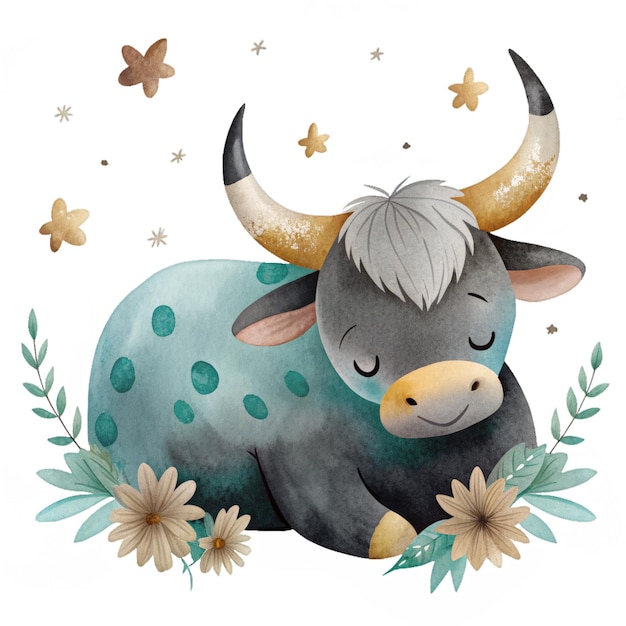 Sleeping bull watercolor isolated clipart childrens clothing pattern and textile