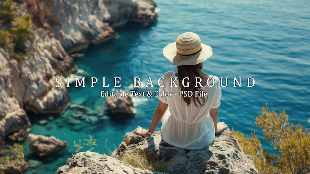 PSD a slender woman tourist in a hat sits on a rock against the background