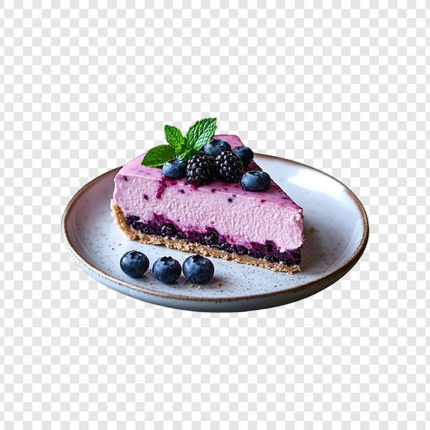 PSD a slice of cake with berries on a plate with a raspberry on it