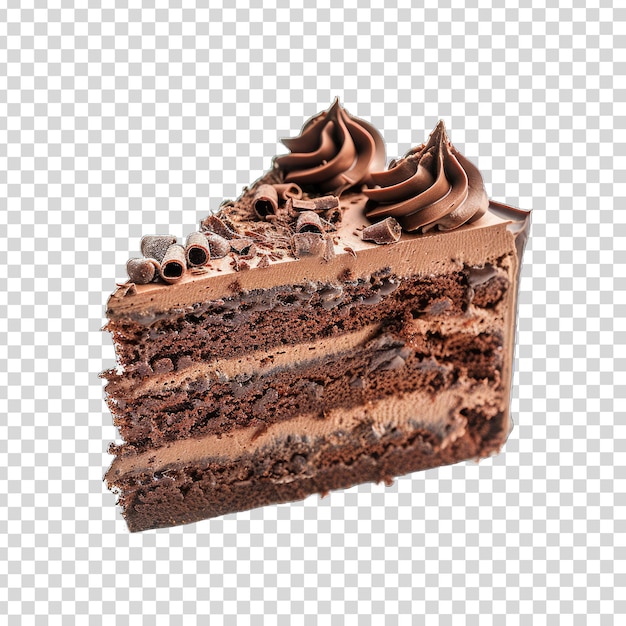 a slice of cake with chocolate frosting and a piece of cake on it