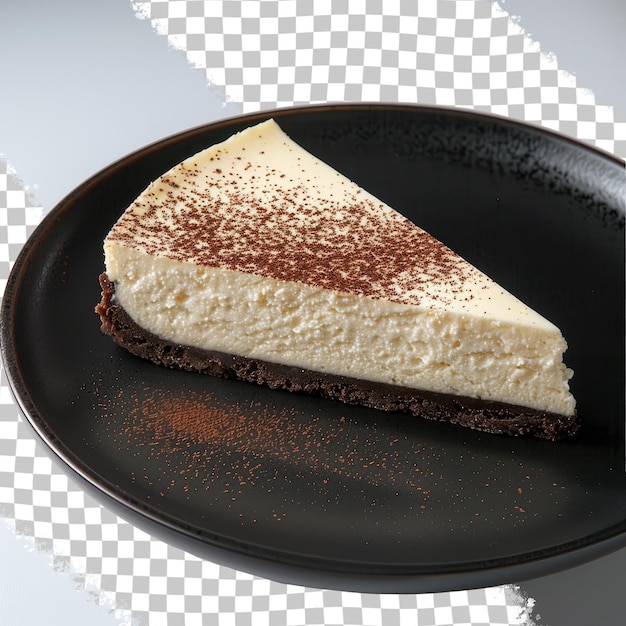 a slice of cheesecake is on a plate with a black plate