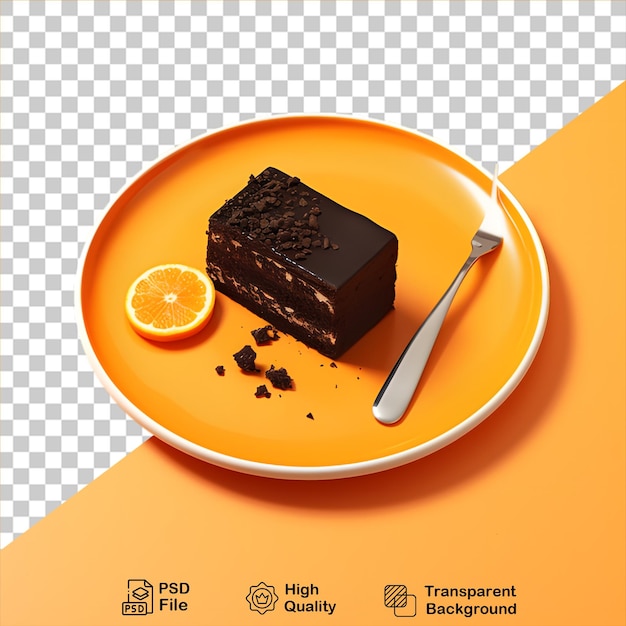 Slice of chocolate cake with orange fruit on a plate isolated on transparent background include png