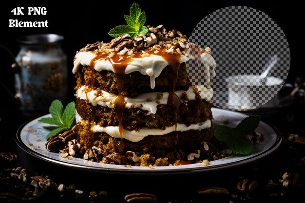 A slice of honey cake on spatula on transparent background