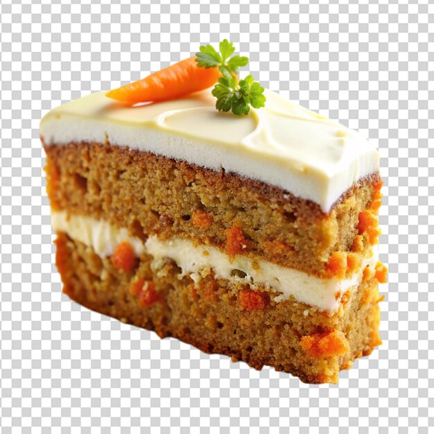 A slice of moist carrot cake with cream cheese icing isolated on transparent background