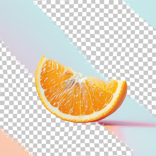 a slice of orange is on a white and blue background