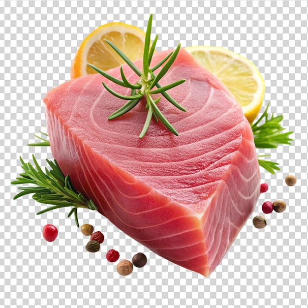 PSD a slice of raw fish with pepper and lemon on top on transparent background